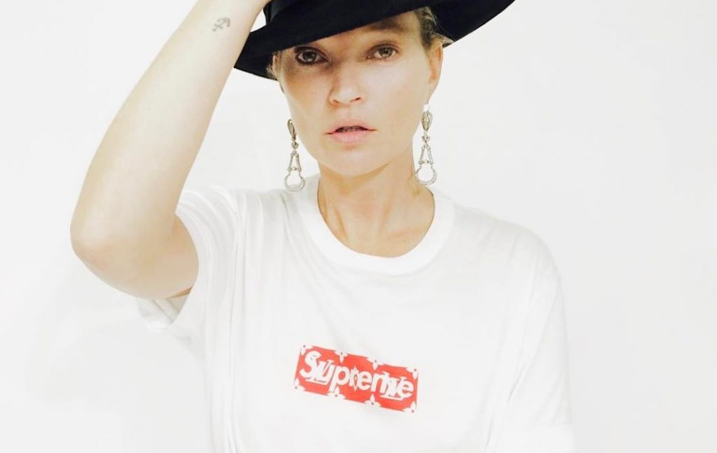 Kate Moss In Supreme x Louis Vuitton Box Logo T-Shirt