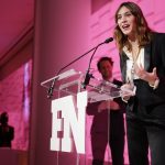 Alexa Chung accepts the award for Launch of the Year on behalf of ALEXACHUNG onstage at the 2017 FN Achievement Awards Credit Patrick MacLeod