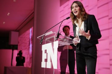 Alexa Chung accepts the award for Launch of the Year on behalf of ALEXACHUNG onstage at the 2017 FN Achievement Awards Credit Patrick MacLeod