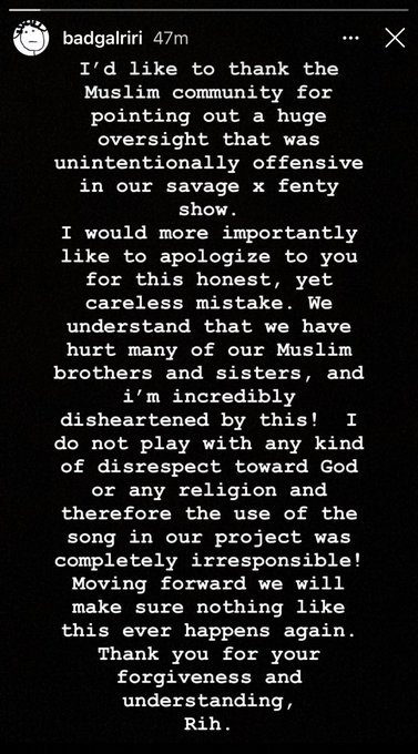 rihanna apology savage fenty show music 2